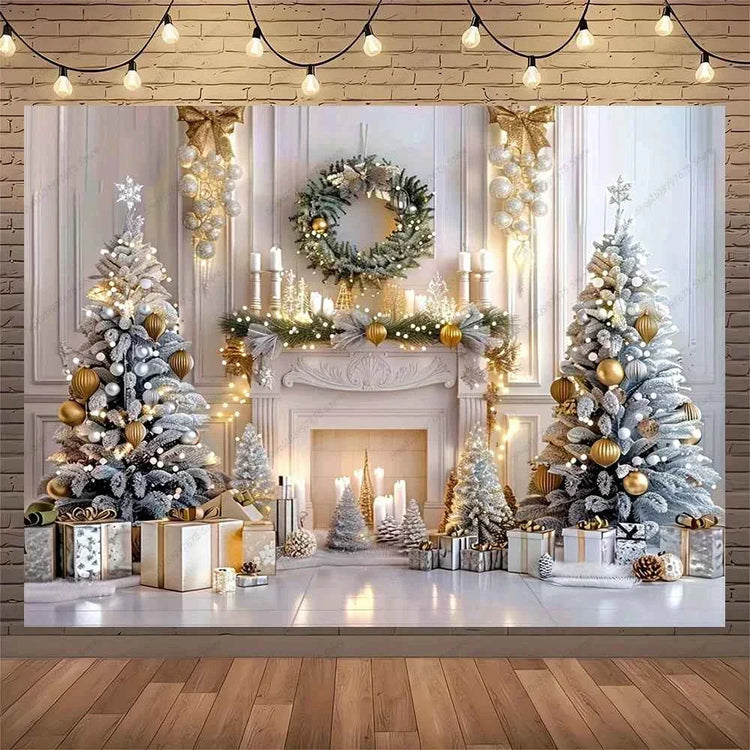 White Christmas Fireplace Background Xmas Tree Garland Gift Photography Backdrop Family Kids Holiday Party Banner Photo Studio