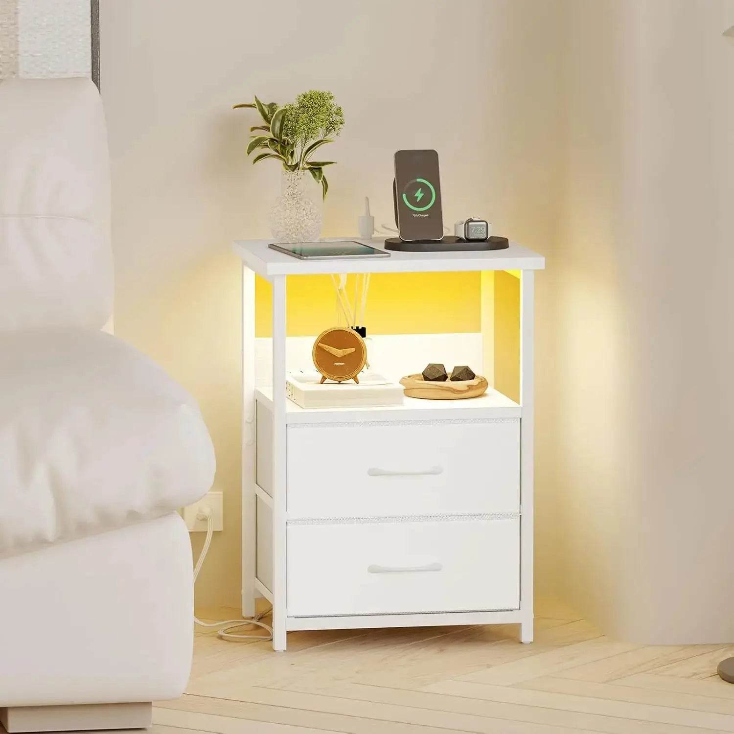 Nightstand Set of 2 Night Stand with Charging Station, LED Nightstand with Fabric Drawers, End Table with PU Finish, Bed Side Table Nightstands by DSERS