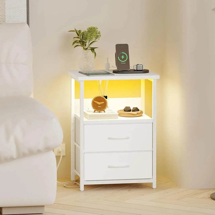 Nightstand Set of 2 Night Stand with Charging Station, LED Nightstand with Fabric Drawers, End Table with PU Finish, Bed Side Table - GiFTiFY