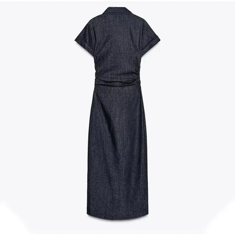 Women Denim V-neck Short Sleeved Long Dress Chic Slim Fit Single Breast Slit Vestidos New High Street Casual Solid