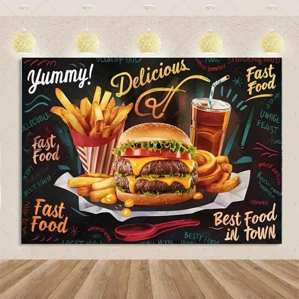 Quick Food Theme Birthday Party Decoration Hamburger French Fries Pizza Background Banner Photography Backdrop Supplies Kid Gift - GiFTiFY