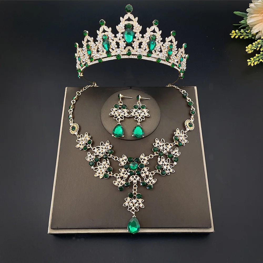 Gorgeous Pink Crystal Tiaras Bridal Jewelry Sets for Women Crown Flowers Choker Necklace Sets Wedding Bride Costume Jewelry Set GiFTiFY