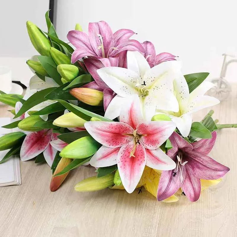3Heads Artificial Flowers Lily Real Touch Fake Flowers for Wedding Home Party Garden Office Decoration Plastic Lily Faux Flowers
