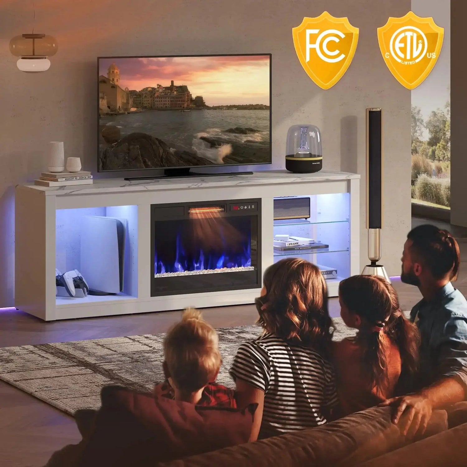 Modern Electric 7 Color LED Fireplace TV Stand for TVs up to 70", White Marble DSERS