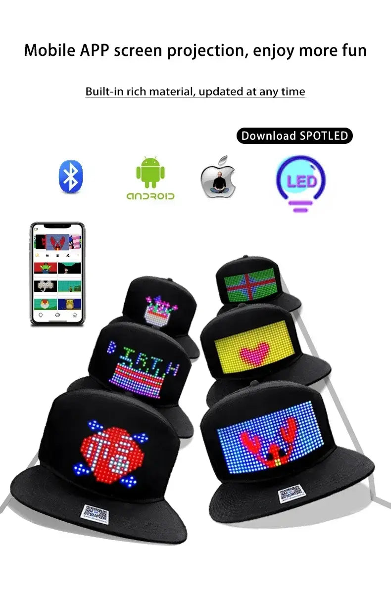 Two Black LED Message Display Baseball Cap USB Rechargeable