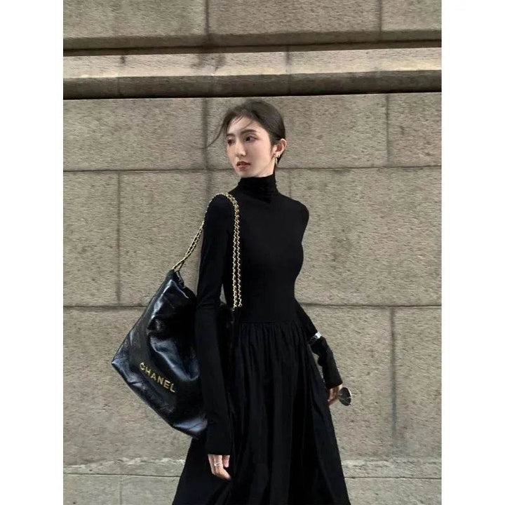 New French Style Temperament Women's High-Grade Black Dress Hepburn Style Gray Turtleneck Dress for Women Autumn Winter DF4964 - GiFTiFY