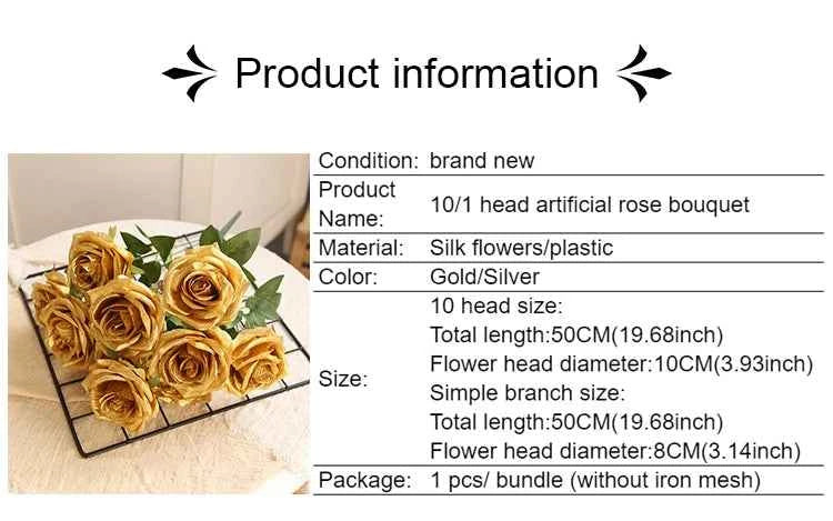10/1 Heads Golden Silver Rose Artificial Flower DIY Wedding Floral Arrangement Material Silk Bridal Bouquet Photo Prop Home Deco