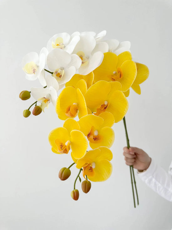 Real Touch Artificial Orchid Flowers 9 Heads White Phalaenopsis Long Stem Yellow Faux Orchids for Home Wedding Centerpiece Decor