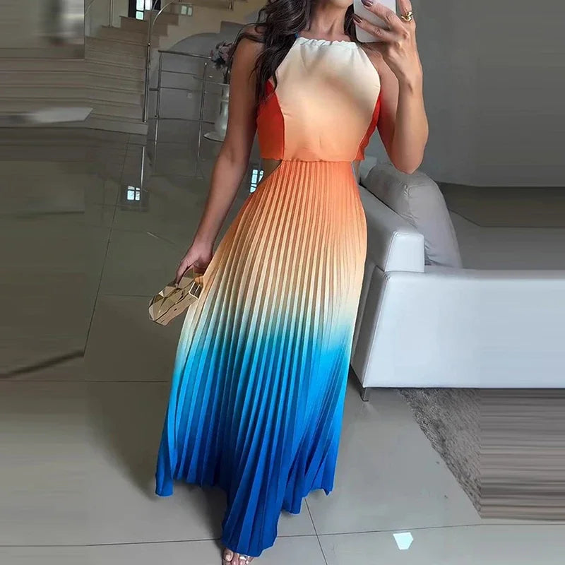Women O-neck Lace Up Backless Holiday Dress Elegant High Waist Loose Party Dresses  New Gradient Printed Pleated Long Dress DSERS