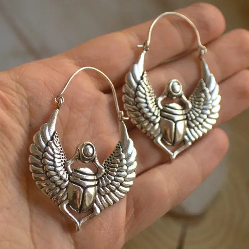 Vintage Egyptian Inspired Designs Sacred Wings Scarab Large Hoops Earrings Gypsy Tribal Women Gold Color Earrings Party