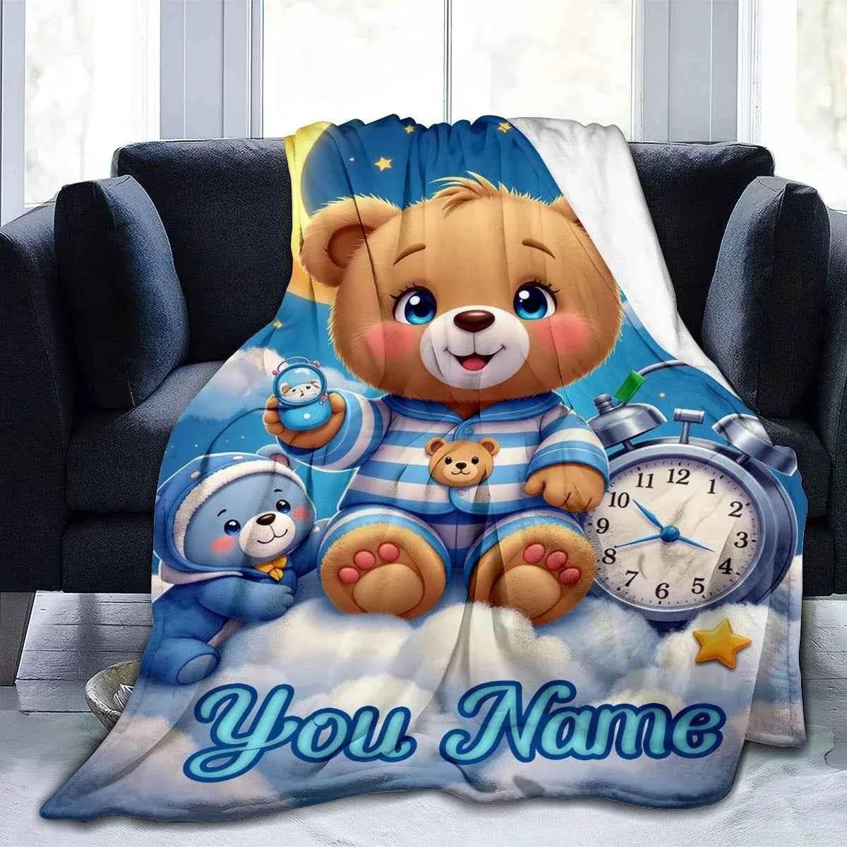 Customized personalized name blanket, printed portable, goodnight bear cartoon, party, birthday, daughter or son gift,sofa，soft - GiFTiFY