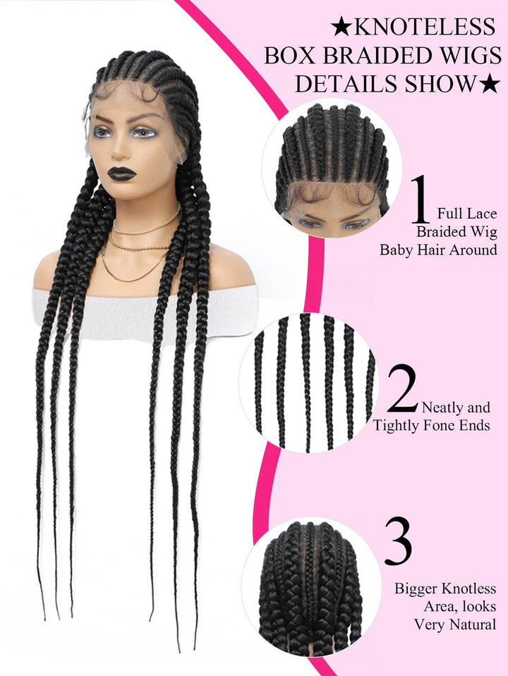 6 Stitches Synthetic Full Lace Cornrow Braided Wig Knotless Box Braids Wig For Black Women 36'' Handmade Jumbo Braiding Hair Wig - GiFTiFY
