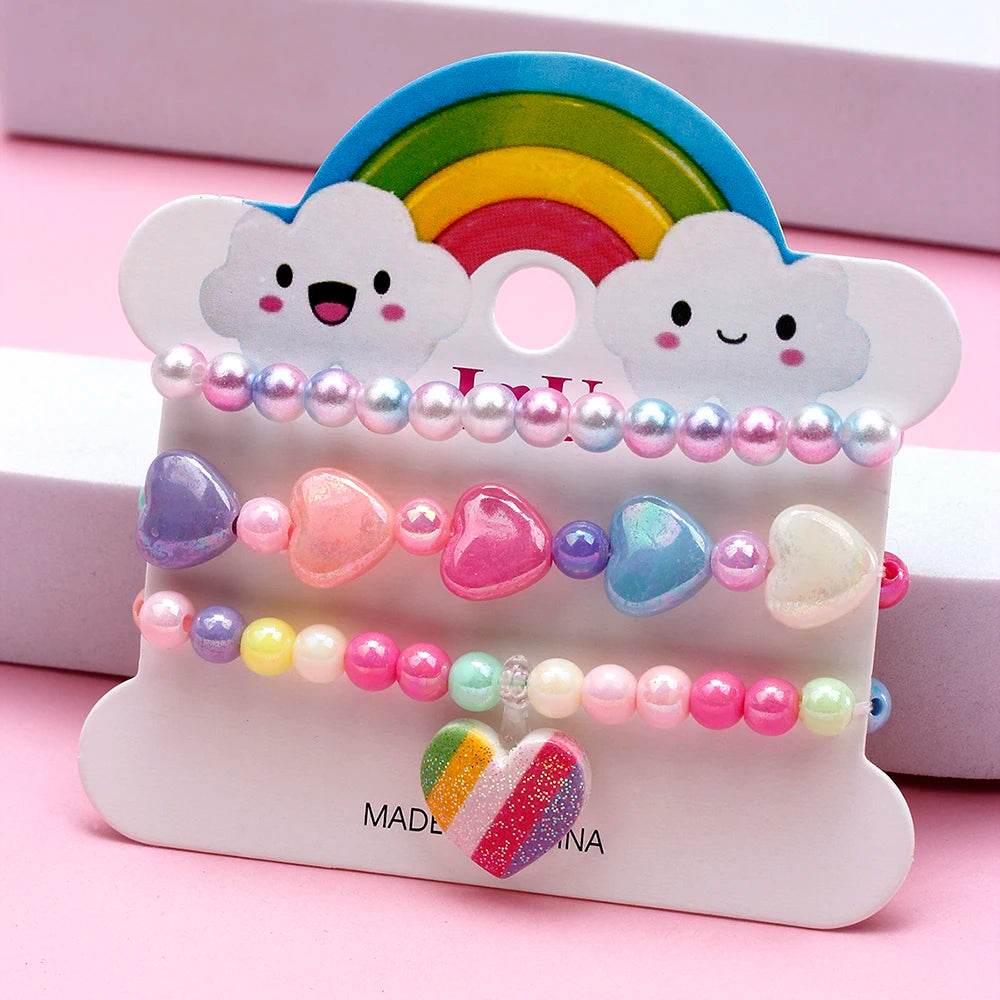 3-Pack Girls Heart Charm Beaded Bracelets Set