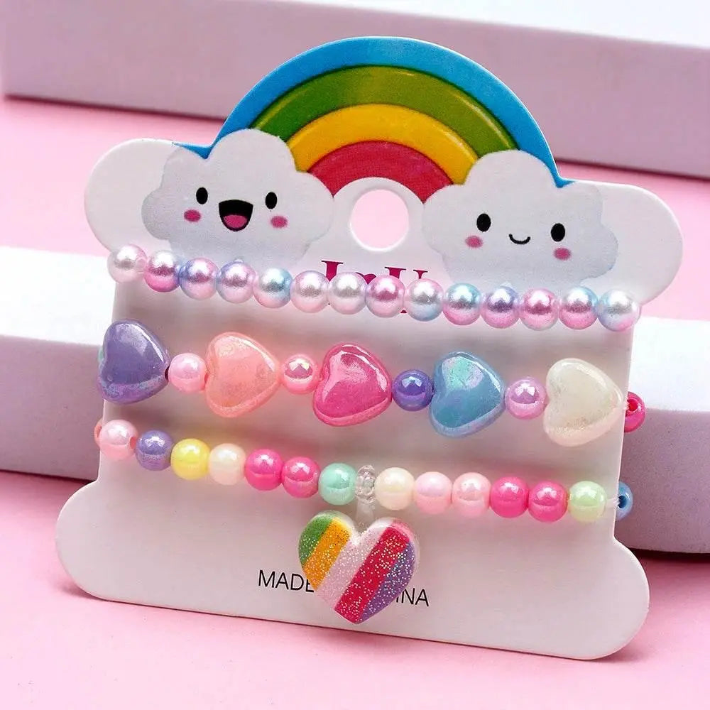 3-Pack Girls Heart Charm Beaded Bracelets Set - GiFTiFY