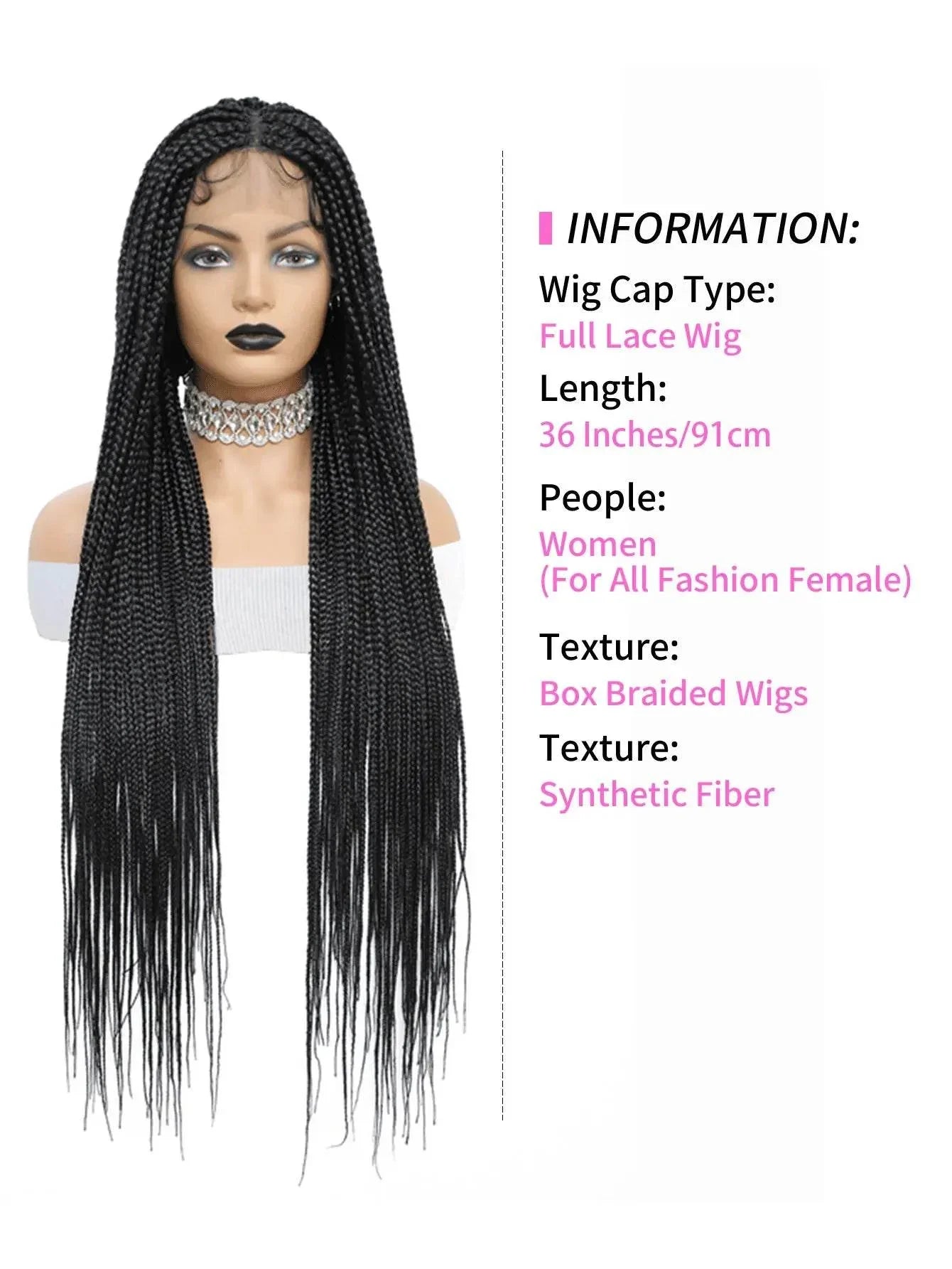 Knotless Box Braids Wig Long 36Inch Cornrow Braided Wigs Synthetic Full Lace Front Wig For Black Women Goddess Braiding Hair Wig - GiFTiFY