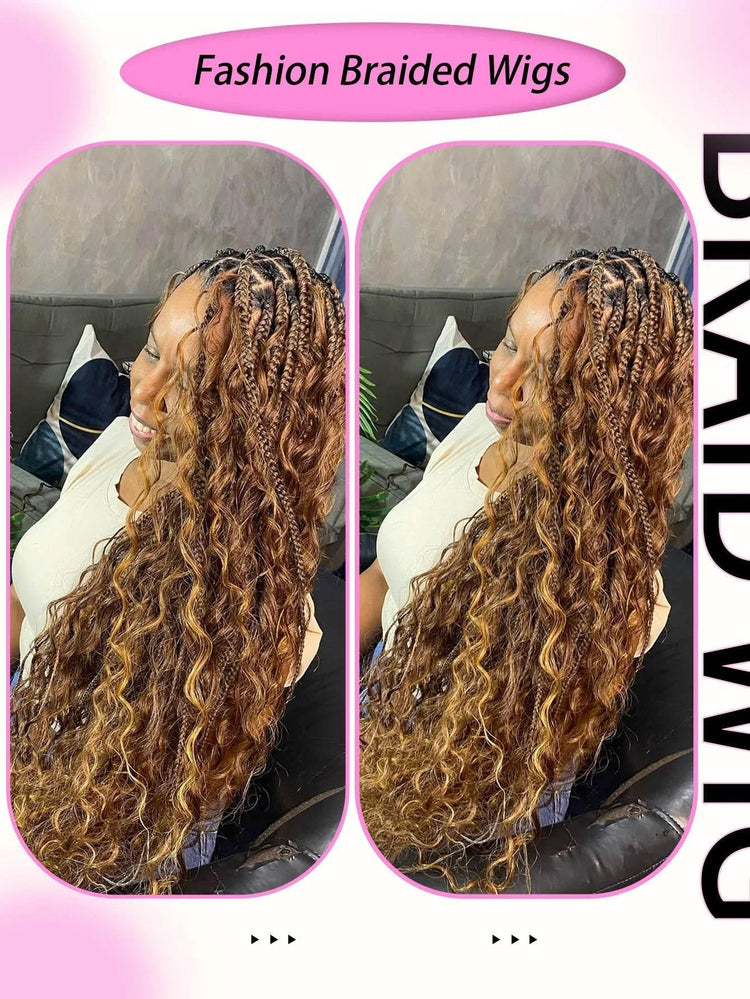 Boho Knotless Braided Wigs Synthetic Full Lace Braids With Curly Hair Ends Goddess Ombre Blonde Box Braided Wigs With Baby Hair - GiFTiFY