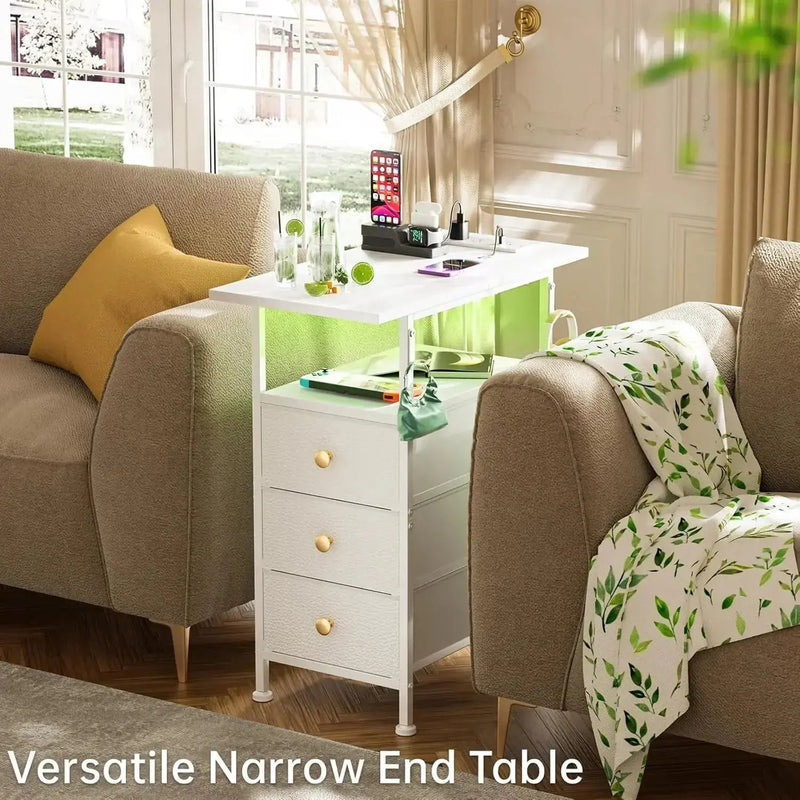 End Table with Charging Station, Narrow Side Table with 3 Fabric Drawers and Shelf, Skinny Nightstand with LED Light, Slim Table Nightstands by DSERS