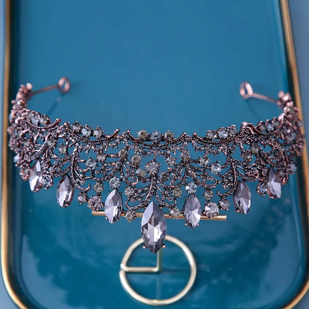 Baroque Bronze Purple Crystal Heart Bridal Tiaras Crown Rhinestone Pageant Diadem Veil Tiara Headbands Wedding Hair Accessories - GiFTiFY