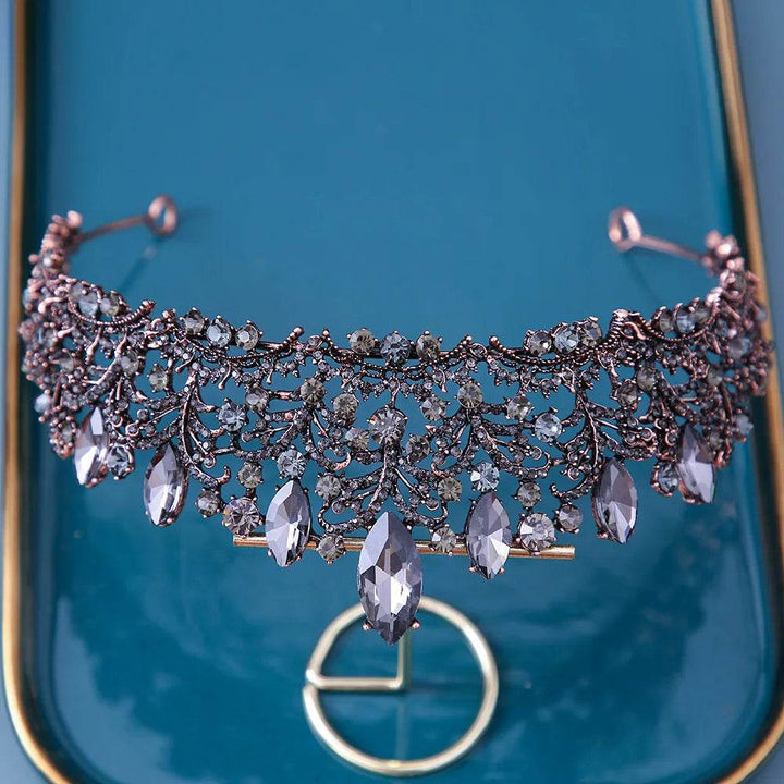 Baroque Bronze Purple Crystal Heart Bridal Tiaras Crown Rhinestone Pageant Diadem Veil Tiara Headbands Wedding Hair Accessories - GiFTiFY