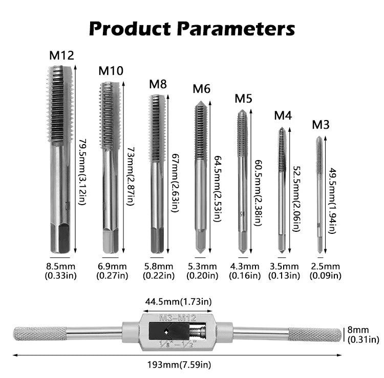 M3-M12 8/6 PCS Metric Hand Tap Set HSS Right-handed Tapping Drill Thread Punching Wrench Hand Tools Male to Make Thread in Steel GiFTiFY