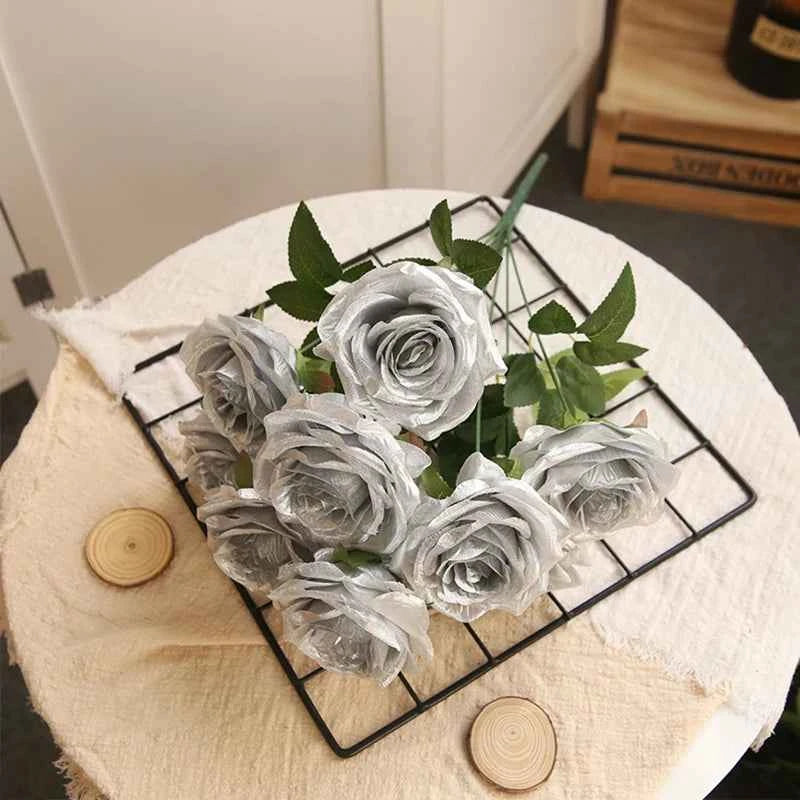 10/1 Heads Golden Silver Rose Artificial Flower DIY Wedding Floral Arrangement Material Silk Bridal Bouquet Photo Prop Home Deco by DSERS