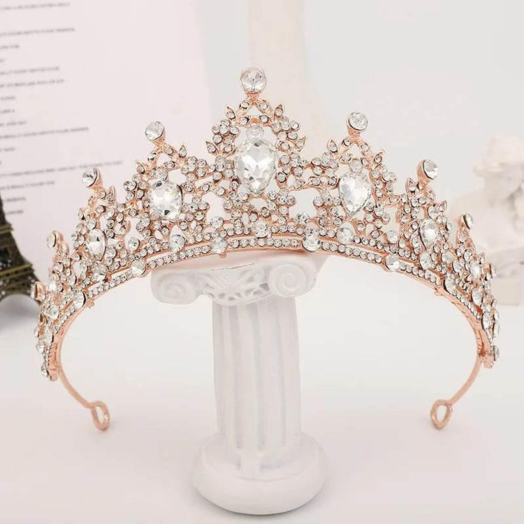 Baroque Gold Color Champagne Crystal Heart Bridal Tiara Crown Rhinestone Pageant Diadem Veil Tiara Headband Wedding Hair Jewelry - GiFTiFY