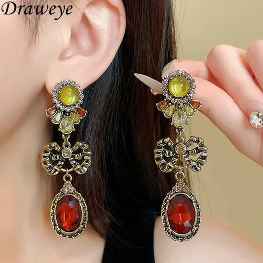 Draweye Bows Earrings for Women Medieval Palace Style Vintage Korean Fashion Aretes De Mujer Geometric Elegant Jewelry DSERS