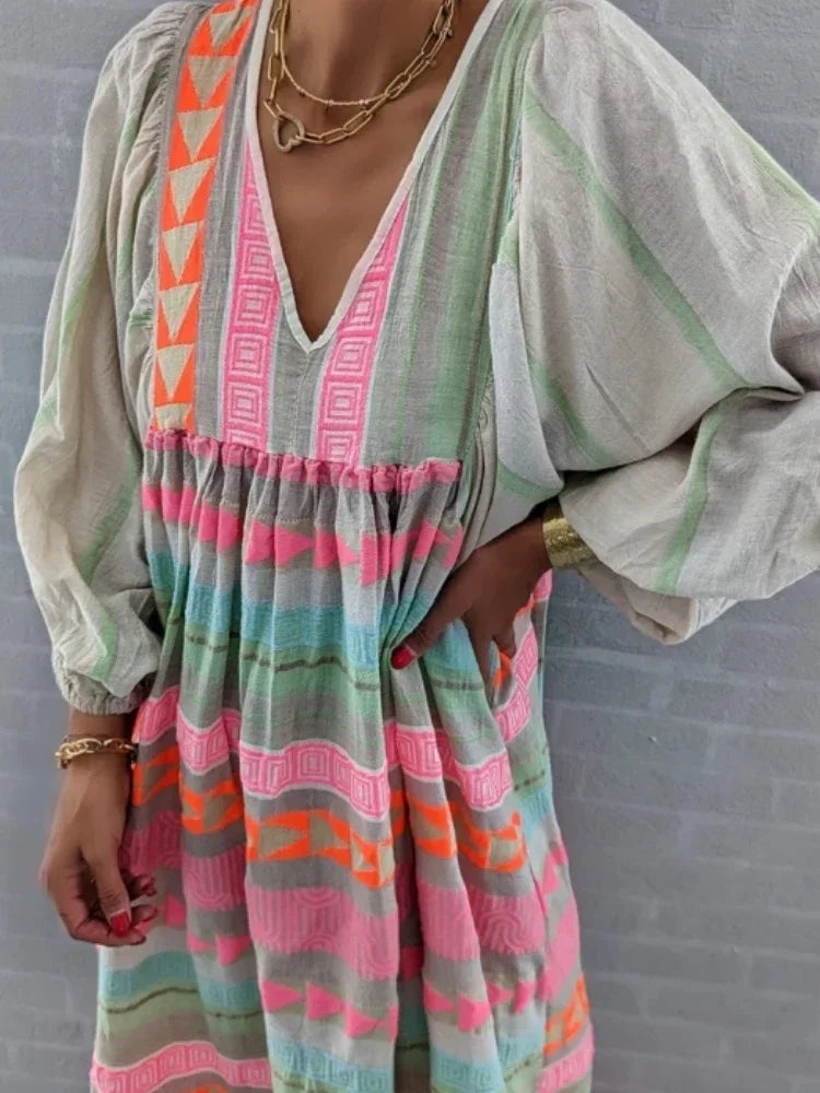 New Strip Printed Women's Maxi Dresses Summer Autumn Fashion Casual High Waist Puff Sleeve Loose Dresses Womens Clothing DSERS