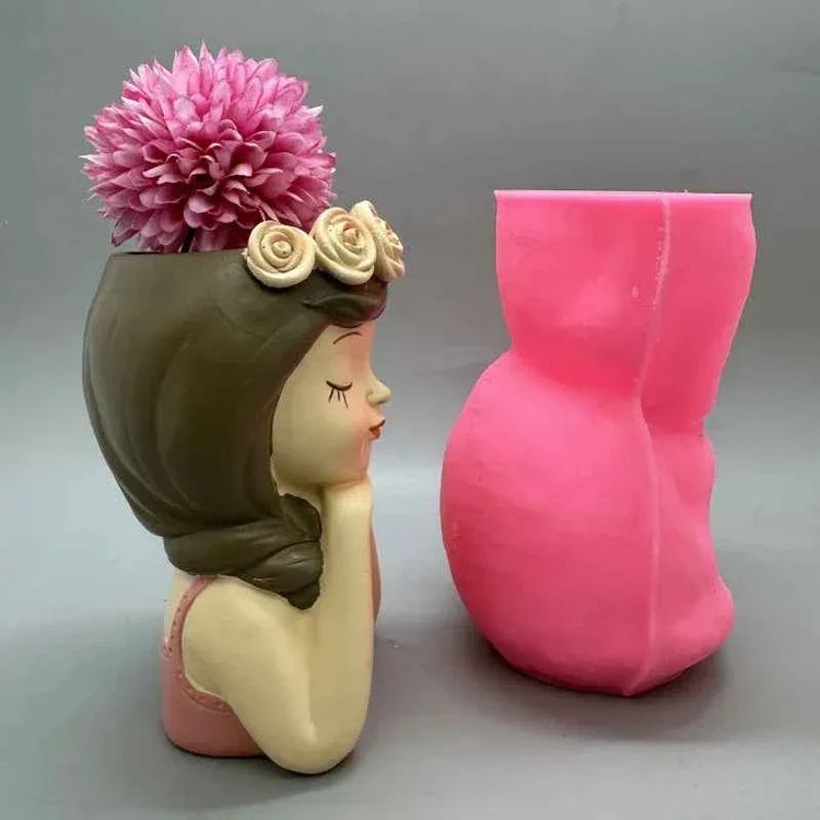 Cute girl flower pot silicone mold used to make gypsum resin concrete living room balcony decoration ornaments