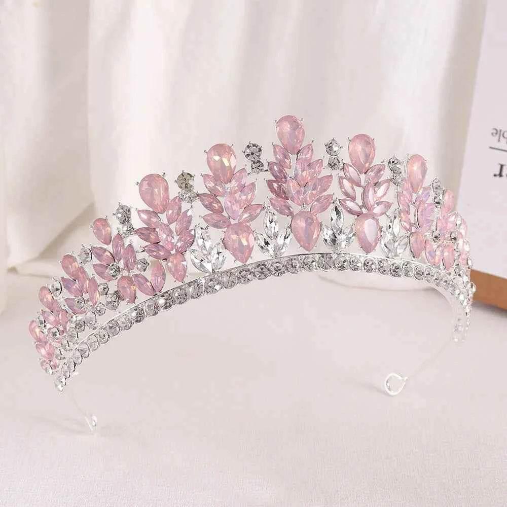 Baroque Green Pink Opal Wedding Headband Crystal Bridal Crown Tiara Hair Jewelry Accessories Women Rhinestone Royal Queen Diadem Tiaras by DSERS