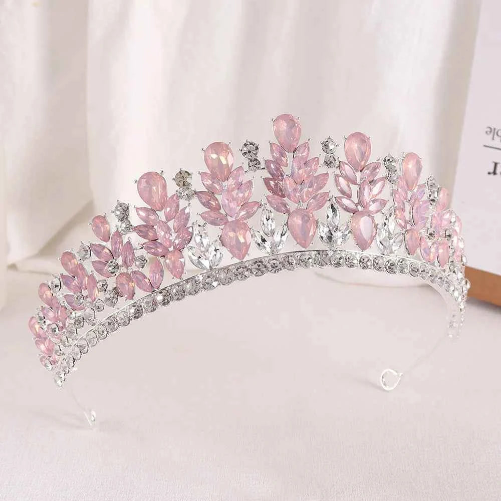 Baroque Green Pink Opal Wedding Headband Crystal Bridal Crown Tiara Hair Jewelry Accessories Women Rhinestone Royal Queen Diadem