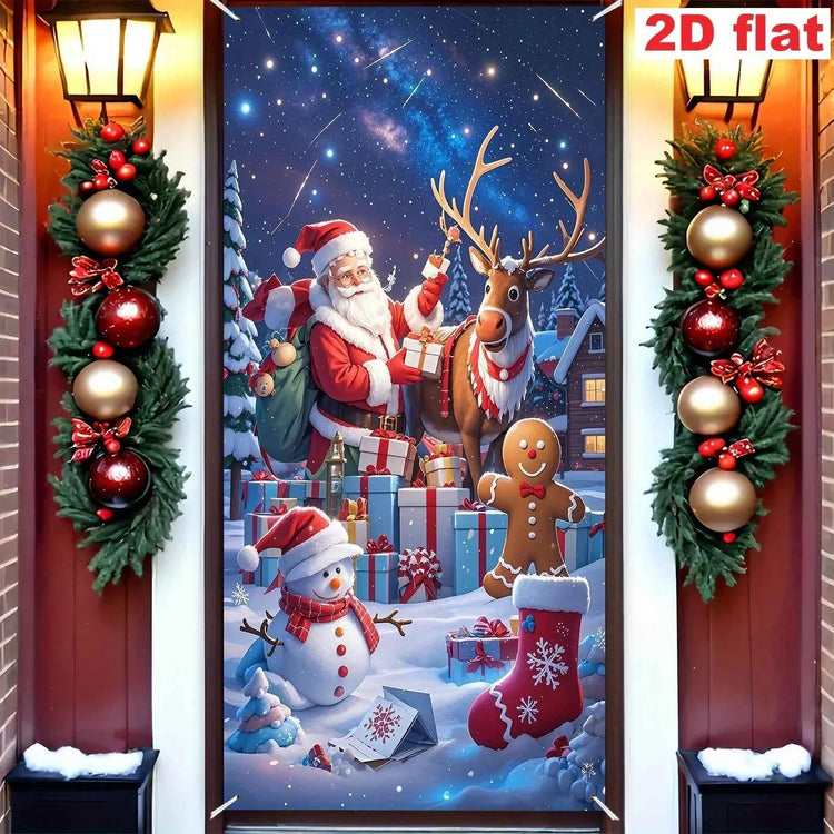1pcs 2D door signs, holiday Christmas door signs Santa Claus with reindeer, snowman, and gingerbread decorations
