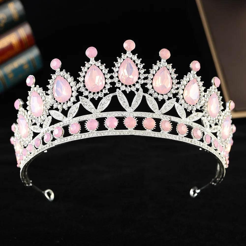 Baroque Luxury Silver Color Pink Opal Crystal Bridal Tiaras Crown Rhinestone Pageant Diadem Headpieces Wedding Hair Accessories - GiFTiFY