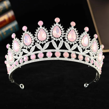 Baroque Luxury Silver Color Pink Opal Crystal Bridal Tiaras Crown Rhinestone Pageant Diadem Headpieces Wedding Hair Accessories GiFTiFY