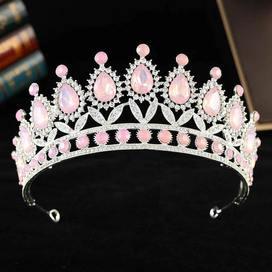 Baroque Luxury Silver Color Pink Opal Crystal Bridal Tiaras Crown Rhinestone Pageant Diadem Headpieces Wedding Hair Accessories GiFTiFY