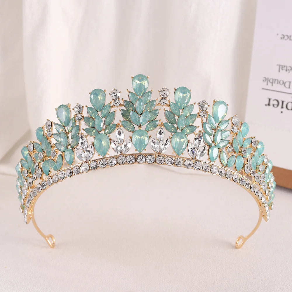 Baroque Green Pink Opal Wedding Headband Crystal Bridal Crown Tiara Hair Jewelry Accessories Women Rhinestone Royal Queen Diadem DSERS