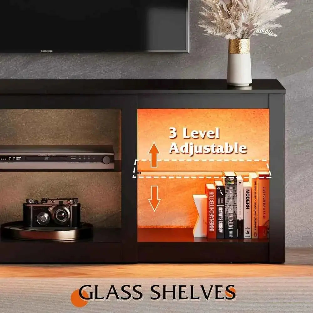 LED TV Stand for 65-Inch TV, 58-Inch Entertainment Center with Adjustable Glass Shelves, Modern Media Console for Living - GiFTiFY