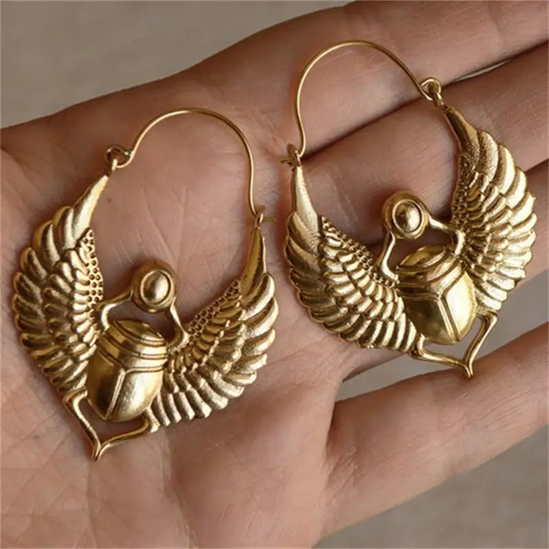 Vintage Egyptian Inspired Designs Sacred Wings Scarab Large Hoops Earrings Gypsy Tribal Women Gold Color Earrings Party
