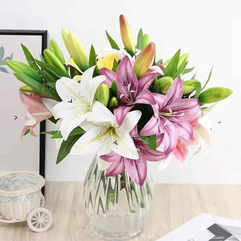 3Heads Artificial Flowers Lily Real Touch Fake Flowers for Wedding Home Party Garden Office Decoration Plastic Lily Faux Flowers by DSERS