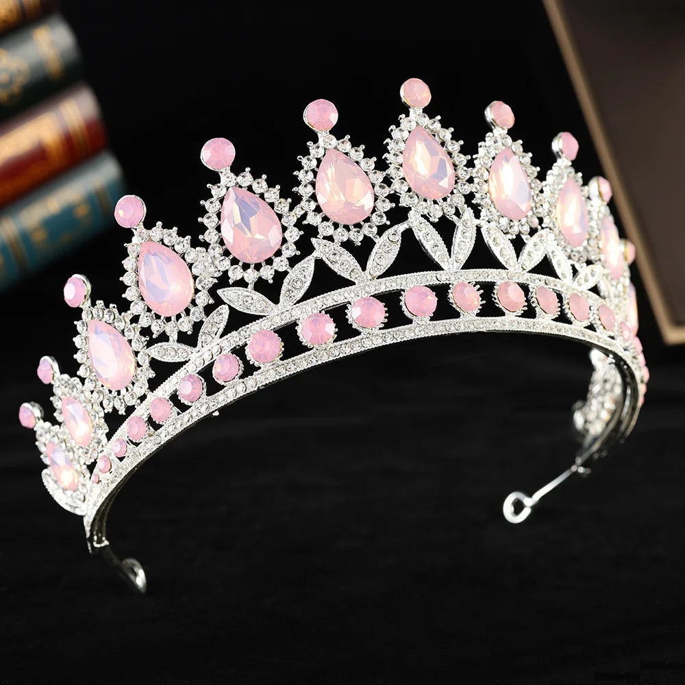 Baroque Luxury Silver Color Pink Opal Crystal Bridal Tiaras Crown Rhinestone Pageant Diadem Headpieces Wedding Hair Accessories GiFTiFY