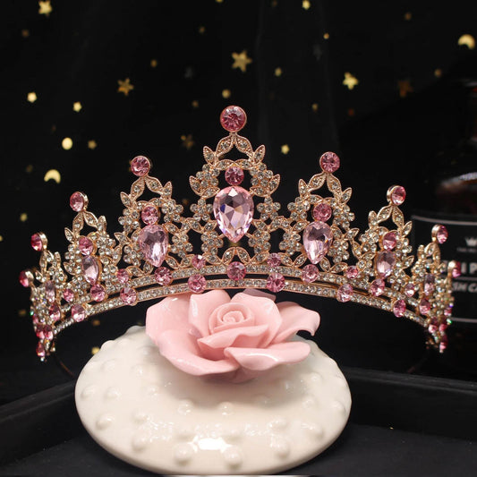 Baroque Vintage Gold Color Pink Crystal Wedding Tiaras Crown Rhinestone Diadem Bridal Hair Accessories Headbands Tiara De Noiva DSERS