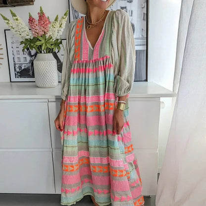 New Strip Printed Women's Maxi Dresses Summer Autumn Fashion Casual High Waist Puff Sleeve Loose Dresses Womens Clothing DSERS