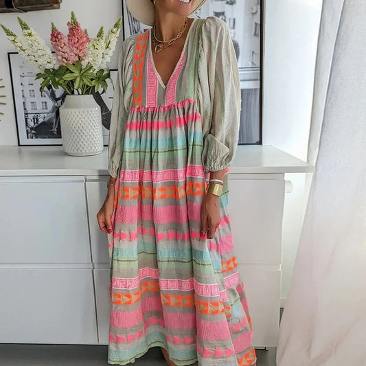 New Strip Printed Women's Maxi Dresses Summer Autumn Fashion Casual High Waist Puff Sleeve Loose Dresses Womens Clothing DSERS
