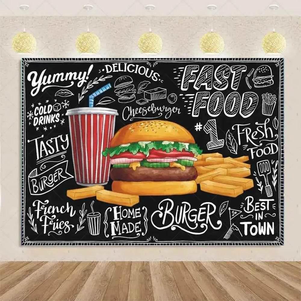 Quick Food Theme Birthday Party Decoration Hamburger French Fries Pizza Background Banner Photography Backdrop Supplies Kid Gift - GiFTiFY