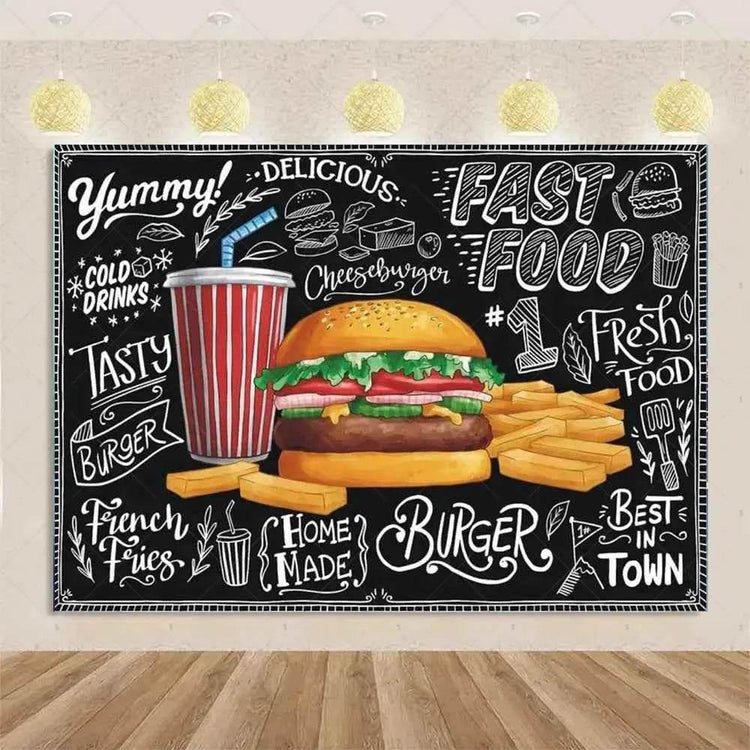 Quick Food Theme Birthday Party Decoration Hamburger French Fries Pizza Background Banner Photography Backdrop Supplies Kid Gift - GiFTiFY
