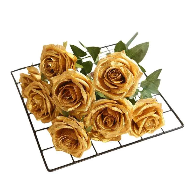 10/1 Heads Golden Silver Rose Artificial Flower DIY Wedding Floral Arrangement Material Silk Bridal Bouquet Photo Prop Home Deco by DSERS