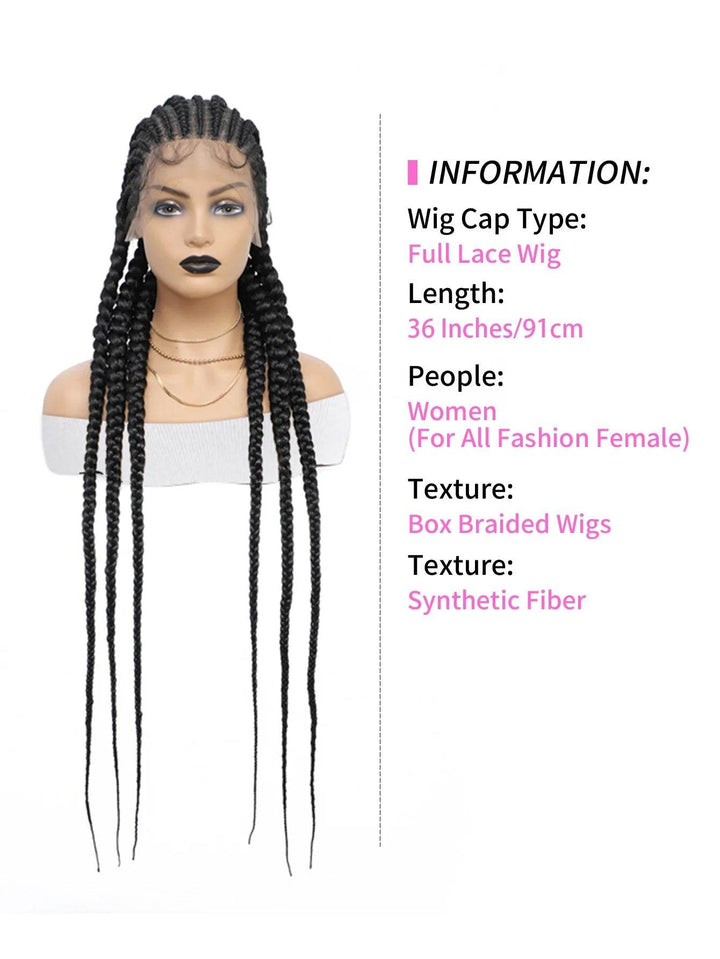6 Stitches Synthetic Full Lace Cornrow Braided Wig Knotless Box Braids Wig For Black Women 36'' Handmade Jumbo Braiding Hair Wig - GiFTiFY