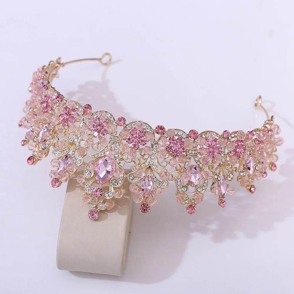 Baroque Pink Crystal Beads Bridal Crowns Handmade Tiaras Bride Headbands Rhinestone Diadem Queen Crown Wedding Hair Accessories - GiFTiFY