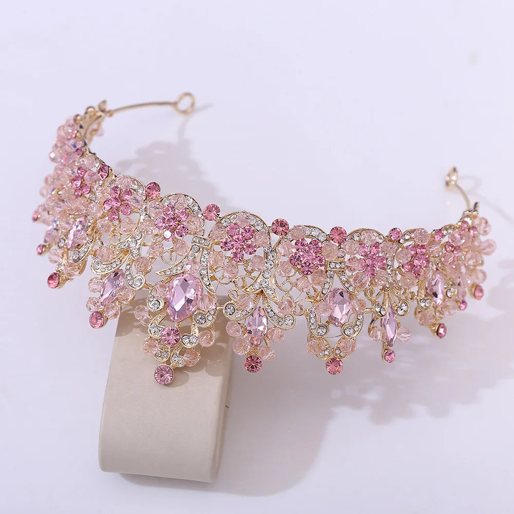 Baroque Pink Crystal Beads Bridal Crowns Handmade Tiaras Bride Headbands Rhinestone Diadem Queen Crown Wedding Hair Accessories DSERS