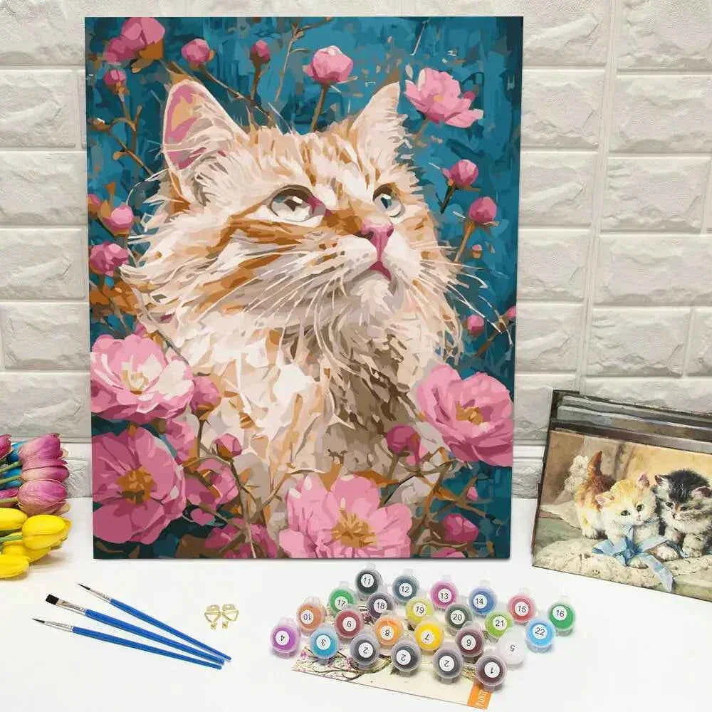 DIY Digital Oil Painting Cat Flower Paint By Numbers Animal Kitten Handpainted Acrylic Paint On Canvas Home Bedroom Wall Artwork